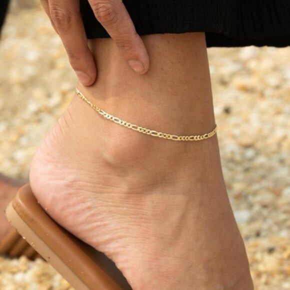 Kisper Made in Italy 18K Gold Sterling Silver Figaro Link Chain Anklet - Picture 3 of 6